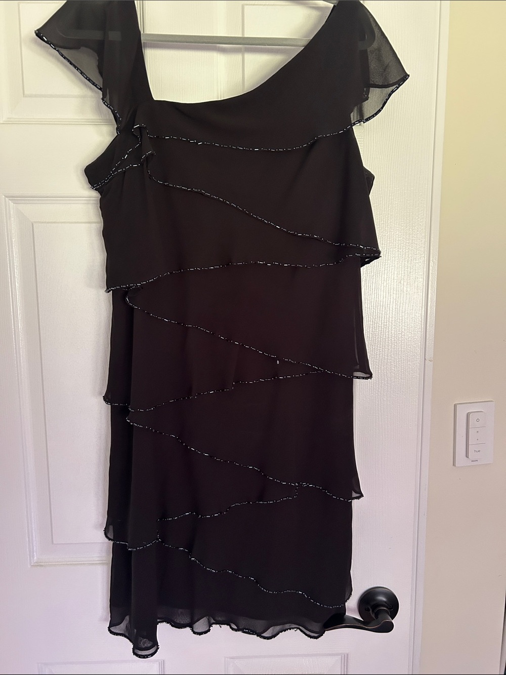 Patra Black One-Shoulder Ruffle Tiered Evening Dress